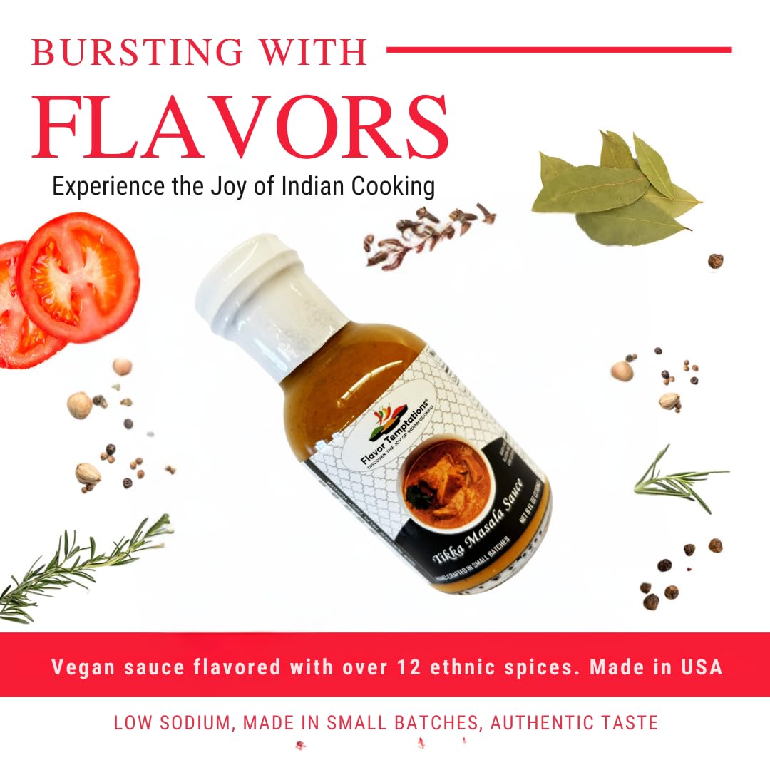 Tikka Masala Indian Curry Simmer Sauce By Flavor Temptations | Easy Recipe, Vegan, Gluten-Free, Low Sodium (8 Fl Oz Glass Bottle