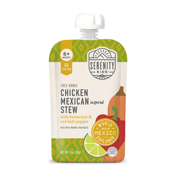Serenity Kids 6+ Months Chicken Mexican Stew Baby Food Pouch - 3.5 Oz, Pack Of 12 - Dv 5G Protein Baby Protein Pouches - Chicken Veggie Puree - On-The-Go Convenience