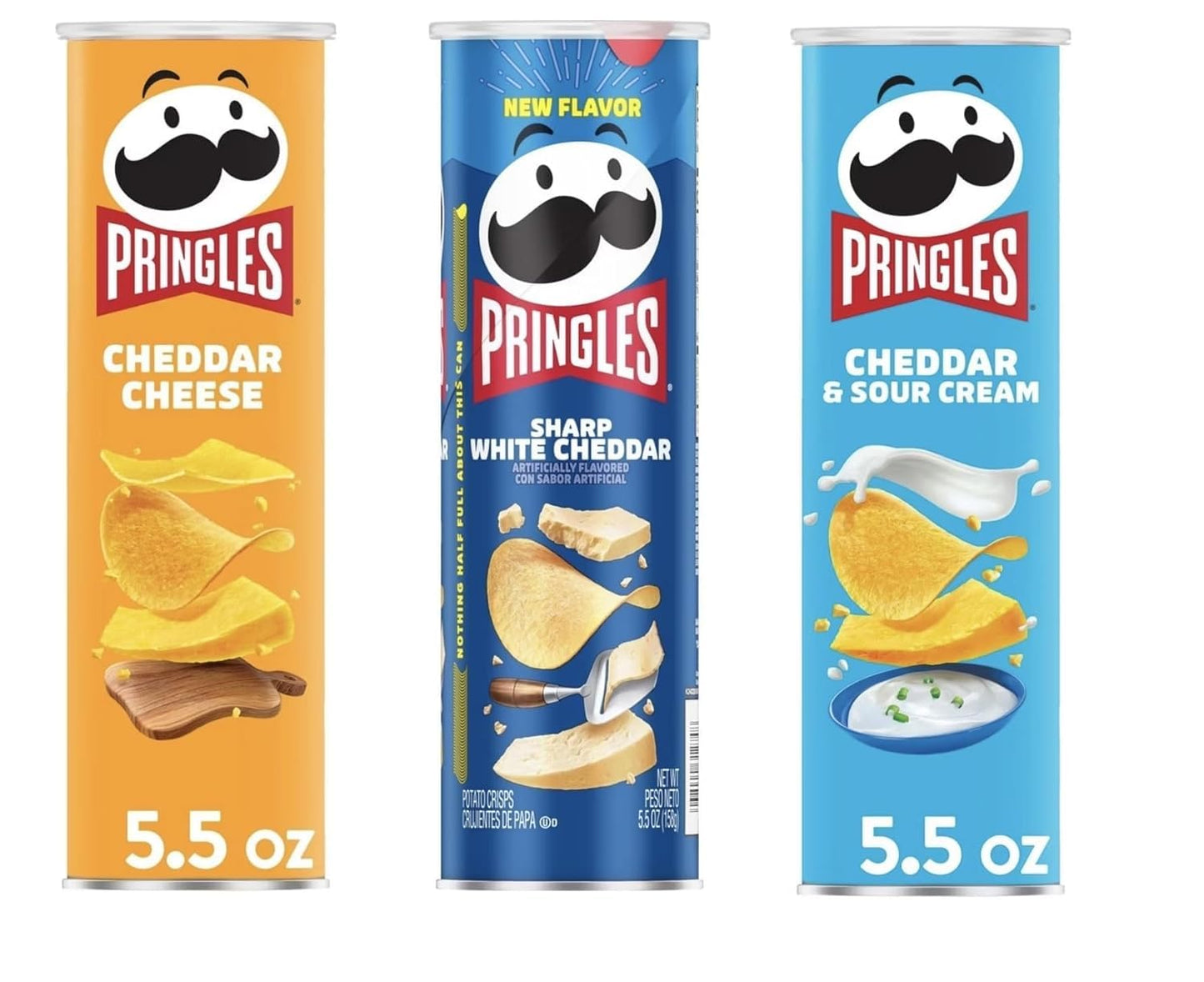Pringles Potato Chips Trio Variety Set 5.5oz - 3 cans (Cheddar Cheese, Sharp White Cheedar, Cheddar & Sour Cream)