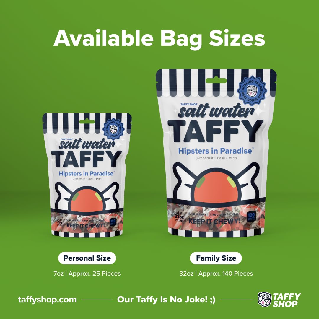 Taffy Shop Hipsters in Paradise, Grapefruit Basil Mint Salt Water Taffy - Gourmet Soft Chewy Candy, Bulk Sweet Snack, Fresh Gift