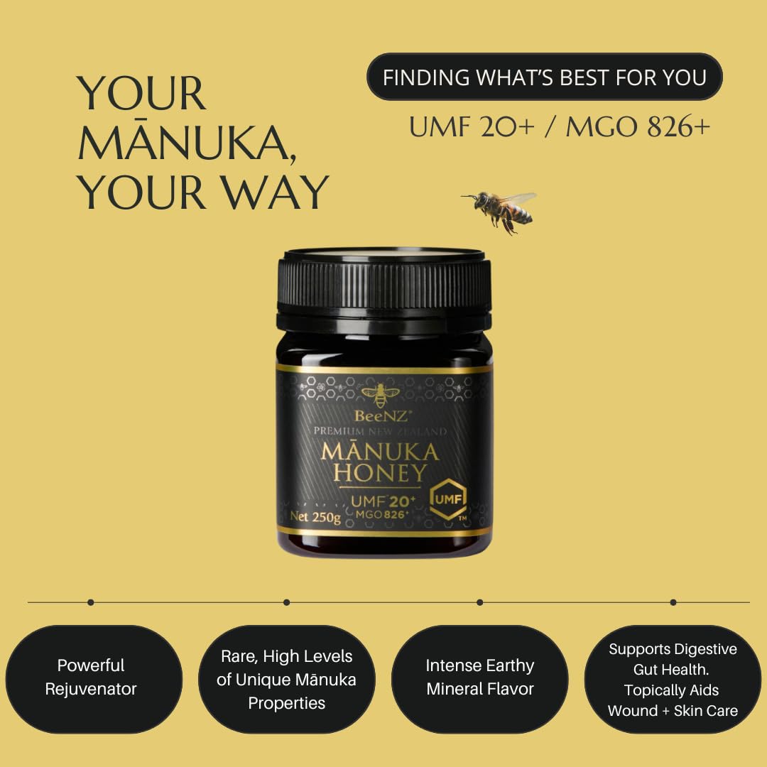 BeeNZ Raw Manuka Honey, Certified UMF 20+ (MGO 829+), Pure New Zealand Monofloral Manuka, Natural Sweetener, Superfood Honey for