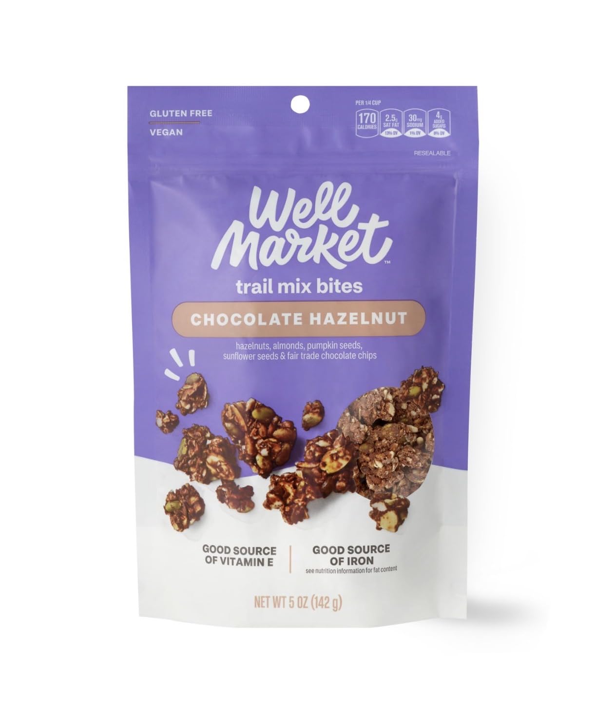 Well Market Chocolate Hazelnut Trail Mix Bites, Gluten Free, Vegan, with Almonds & Pumpkin Seeds, 5 oz