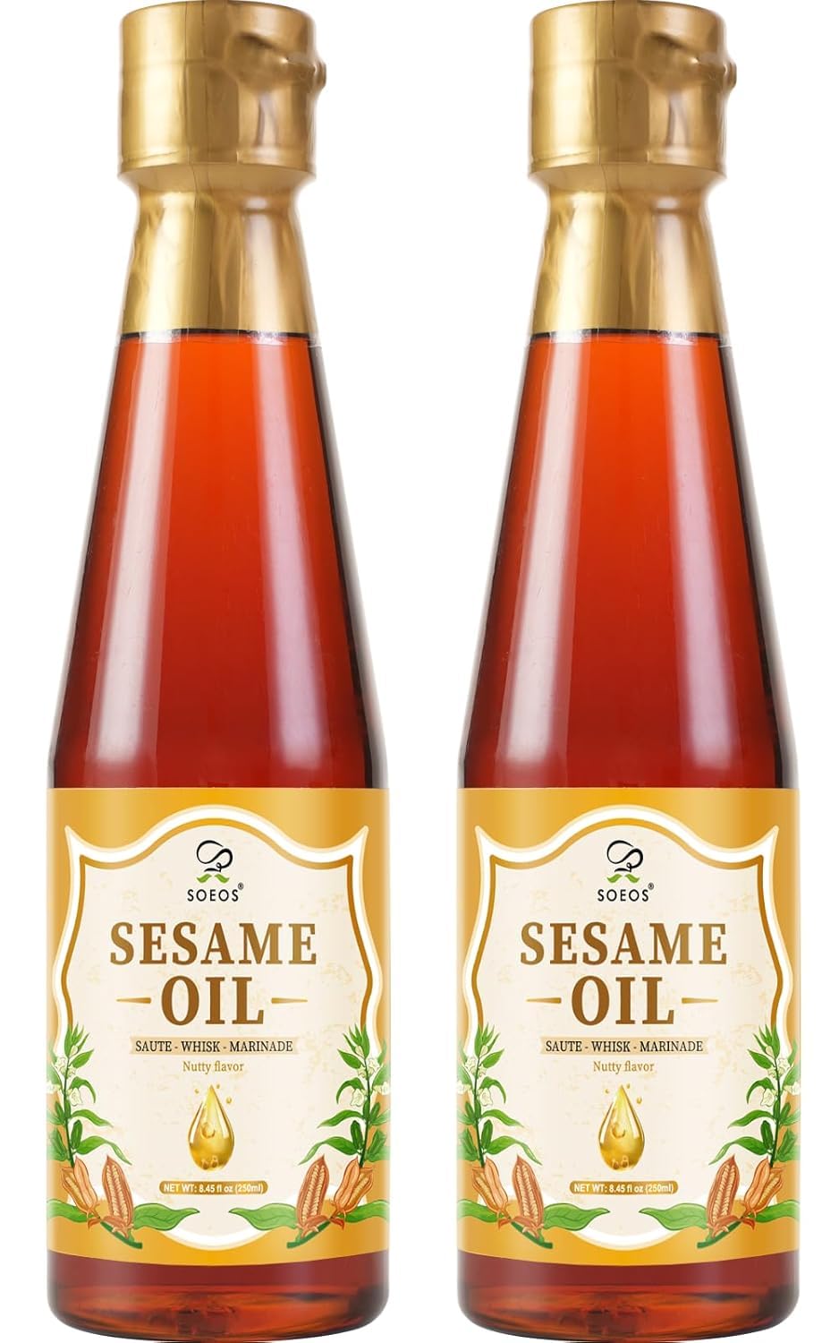 Soeos Sesame Oil, Toasted Sesame Seed Oil, 8.45 Fl Oz (250 ml) Pack of 2, Total 500 ml, Nutty Flavor, Perfect for Asian Food, No
