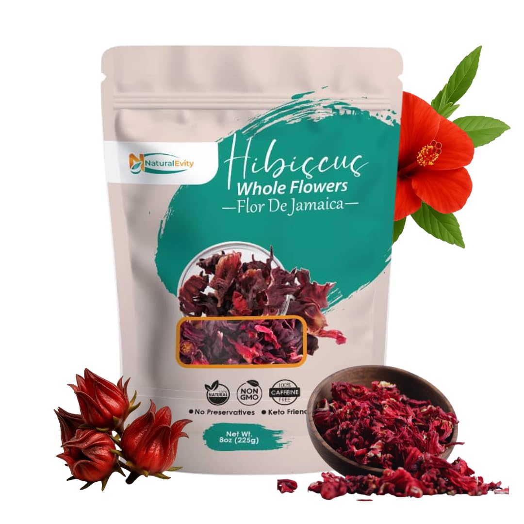 Whole Hibiscus Flowers (8 Oz) (Flor De Jamaica) - Loose Leaf Hibiscus Petals For Tea Agua De Jamaica & Infusions Herbal Tea - Energy Blend-Free & Non-Gmo - Naturalevity - Ayurveda Inspired