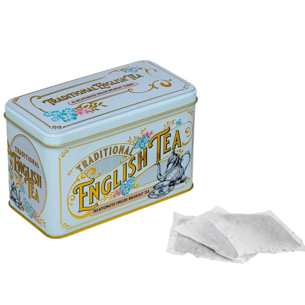 New English Teas Vintage Victorian Tea Tin with 40 Decaffeinated English Breakfast Teabags, Powder Blue, Model 54939477770626