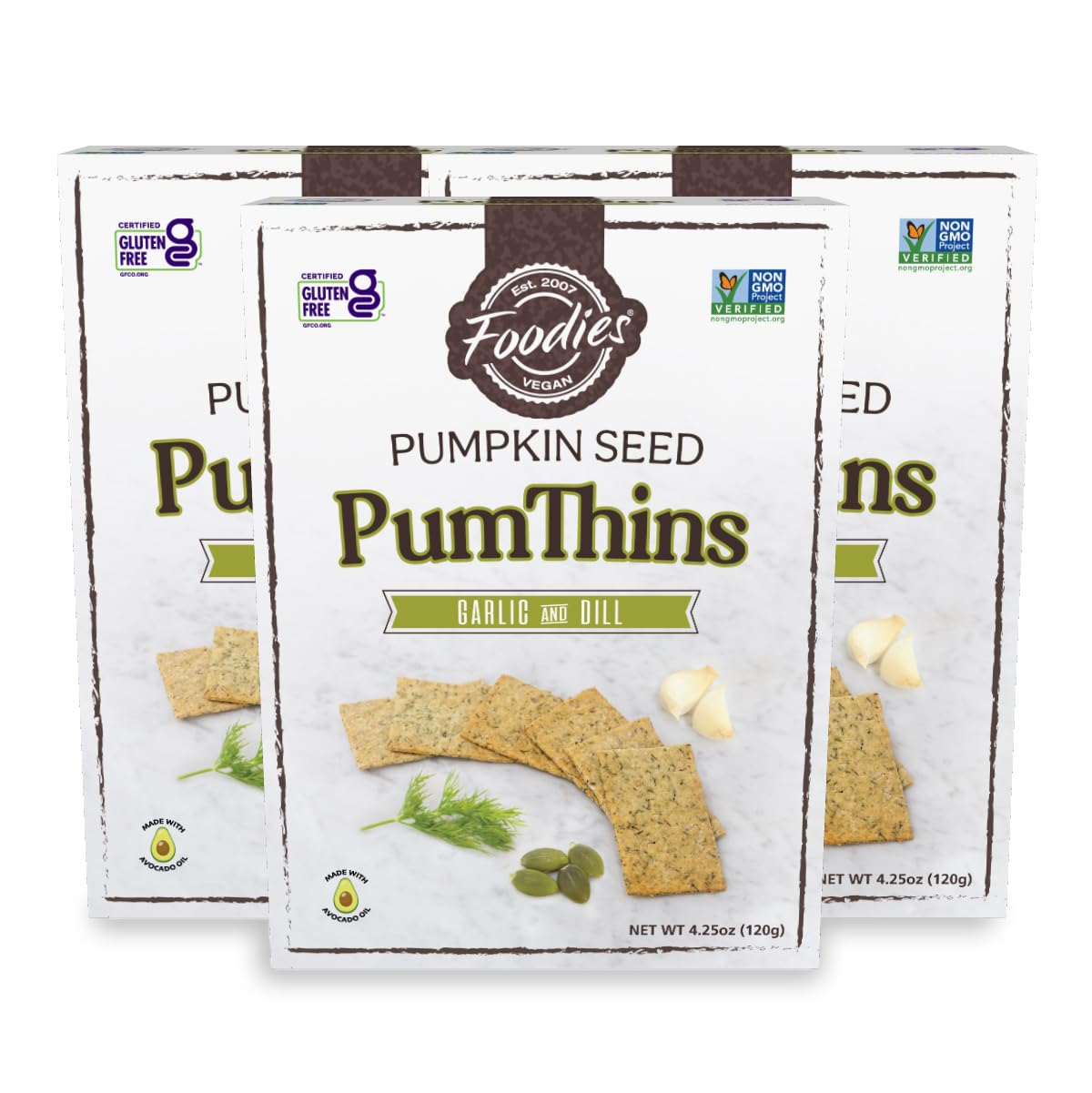 Foodies Pumthins Garlic & Dill Breakers Gluten Free Made With Organic Pumpkin Seeds No Seed Oils Healthy Paleo Friendly 4.25 Oz 3-Pack