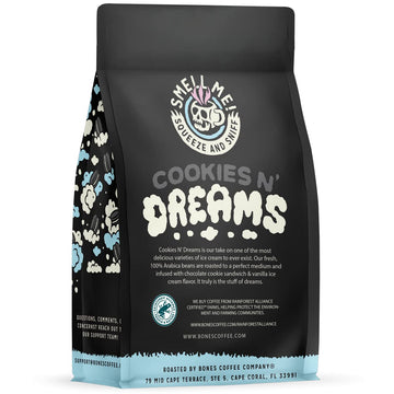 Bones Coffee Company Cookies 'N Dreams Flavored Whole Coffee Beans Cookie & Creams Flavor | 12 Oz Medium Roast Low Acid Coffee Arabica Beans | Coffee Gifts & Beverages (Whole Bean)