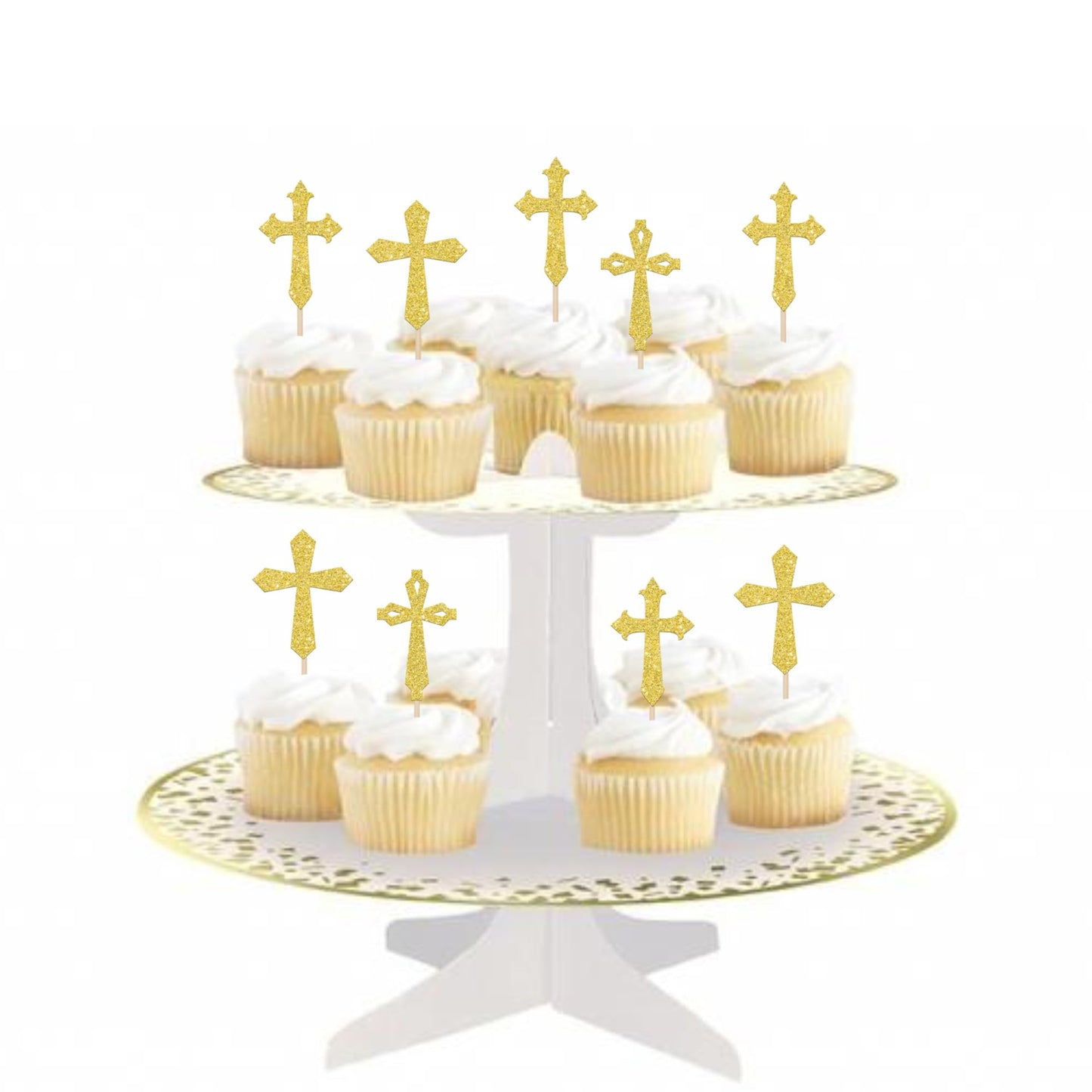 YCTHUNFISH Cupcake Toppers, 24 Pack, Glitter, Religious Theme, Gold, Cardstock for Baptism, First Holy Communion, Birthday Party Decorations