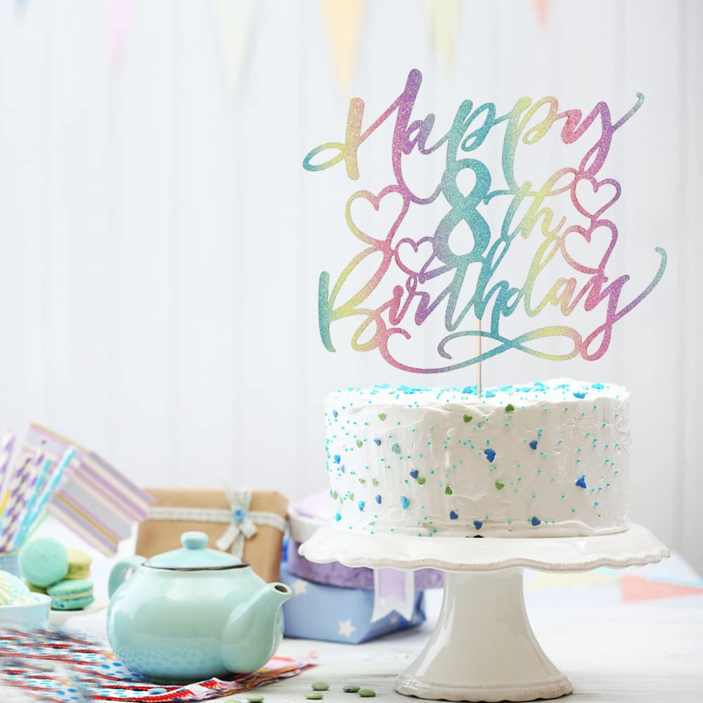 Yetxel Cake Topper - Happy 8th Birthday - Boys and Girls - Paper Decoration - Color Flash Design