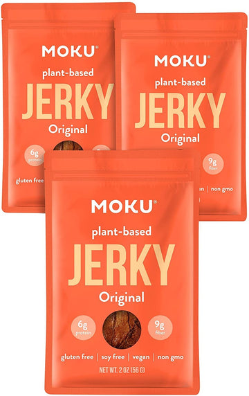 Moku Plant-Based Mushroom Jerky, Vegan, Gluten Free, Soy-Free, Non-Gmo, No Artificial Sweetener, Healthy Snacks, 2.0 Oz Ea (3 Co