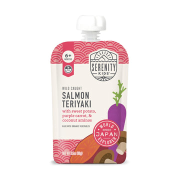 Serenity Kids + Months Baby Food Puree - Salmon Teriyaki Pouch, 3.5 Oz, Pack Of 6-5G Protein Dv Wild-Caught Salmon Snacks - Nutrient-Packed Organic Baby Food Pouches - No Sugar Added Toddler Snack