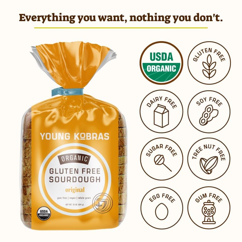 Young Kobras Organic, Gluten-Free Original Sourdough Bread 22Oz (4-Pack) - Allergen Friendly, Vegan, Gum-Free, Simple Ingredient