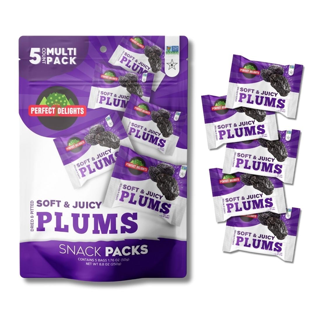 Perfect Delights Snack Pack Plums, Sun-Dried Plum, On-the-Go Vegan, Healthy Snack, Easy-to-Carry Dried Plums, Perfect for Kids &