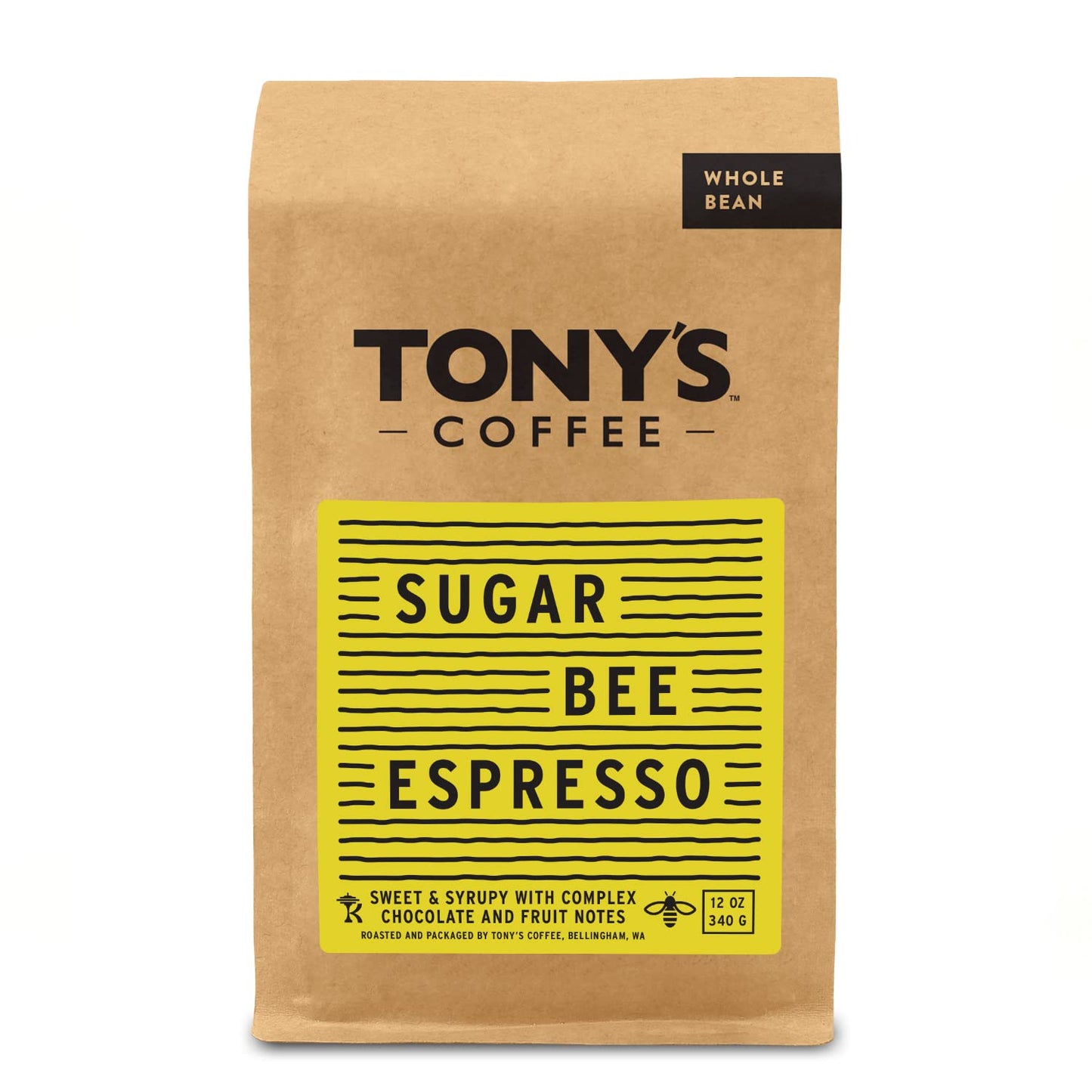Tonys Coffee, Sugar Bee Espresso (12oz), Medium Roast Whole Bean Coffee