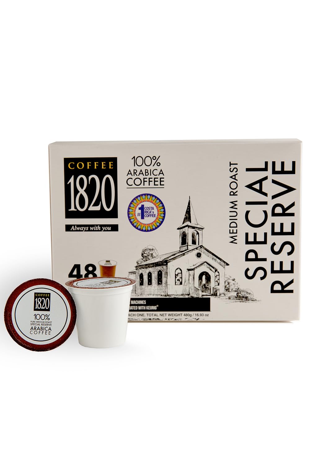 Caf? 1820 Special Reserve Ground Coffee Cups Top-Grade Costa Rican Blend 100% Arabica Medium/Dark Roast Compatible With Keurig Machines 48 Pods