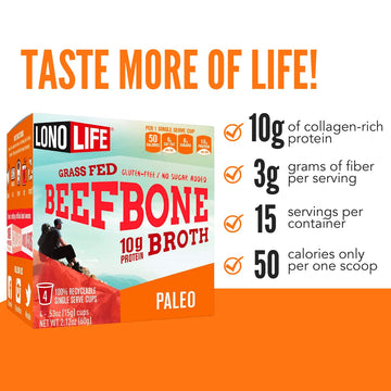 Lonolife - Beef Bone Broth Single Serve Cups - 10G Collagen Protein - Grass-Fed, Gluten-Free - Keto Paleo Friendly - 10 Count