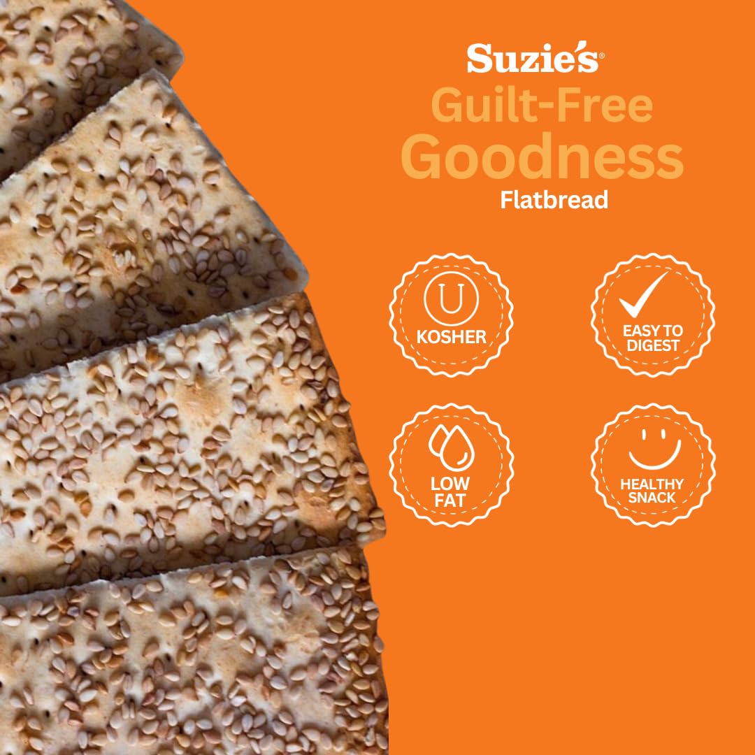 Suzies Kamut Sesame Flatbread Crackers| Pack of 12 | Low-Fat & Vegan, Kosher, Whoelgrain | Low Carb Healthy Snack Option | 4.5