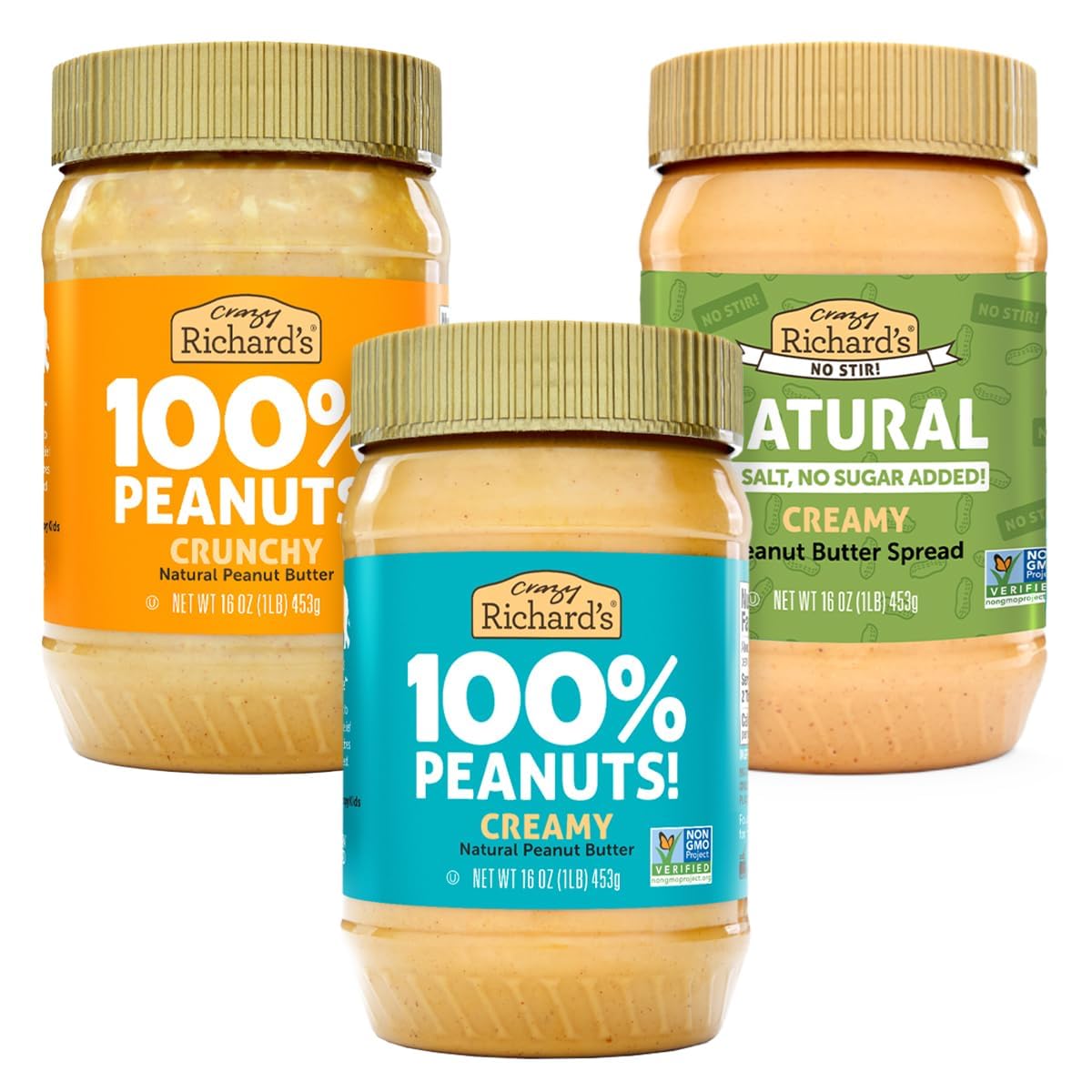 Crazy Richards All-Natural Vegan Peanut Butter with No Added Sugar and Non-GMO Variety Pack (Creamy, Crunchy, and No Stir)