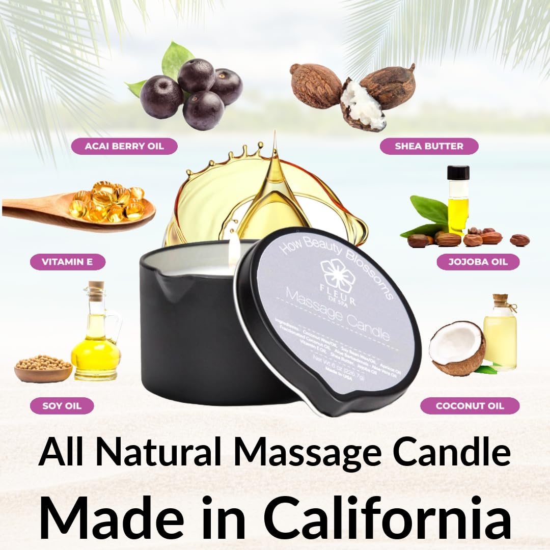 Massage Oil Candle By Fleur De Spa - All Natural - 6Oz With Pour Spout Made In Usa (Coconut)