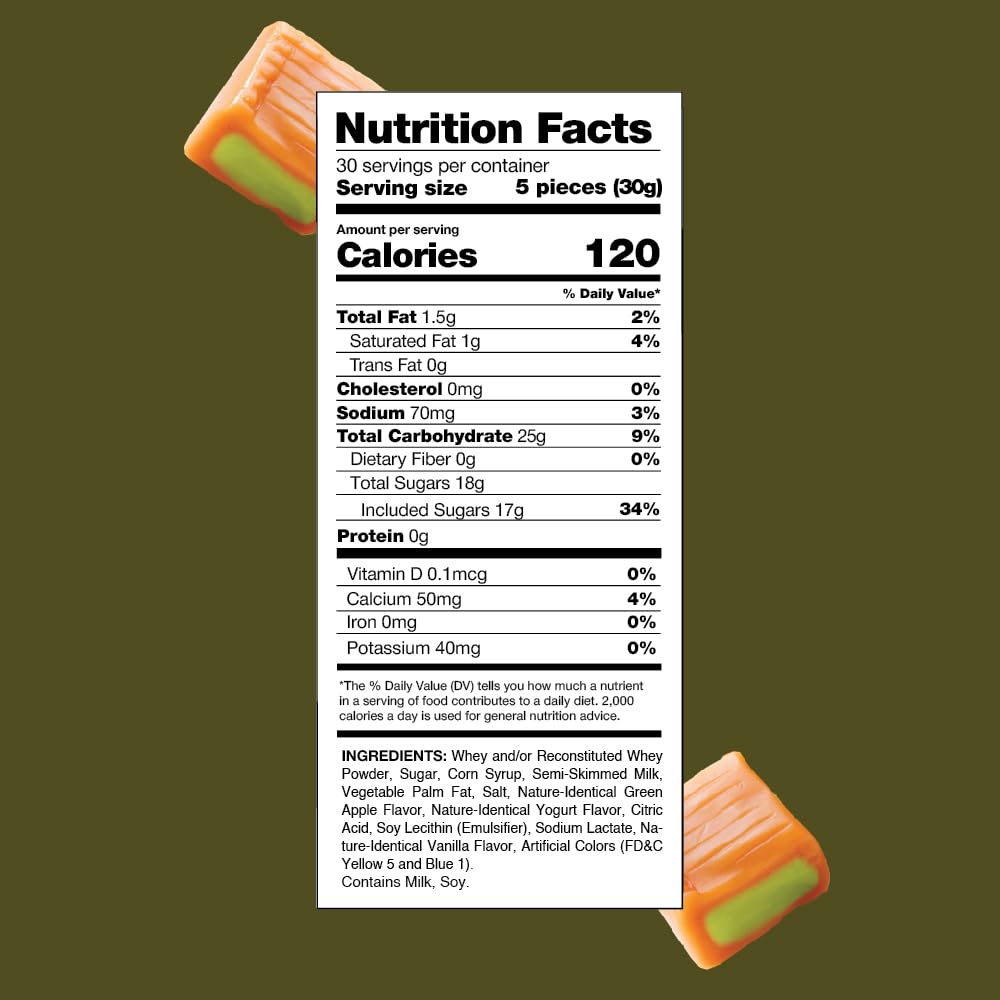 Caramel Cubes Candy - 2 Pound Bulk Pack (About 150 Count) - Green Apple Filling - Individually Wrapped