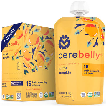 Cerebelly Organic Baby Food Pouches, Carrot Pumpkin Purees, 16 Nutrients, No Added Sugar, Fiber & Non-Gmo, 4Oz, 6 Pack