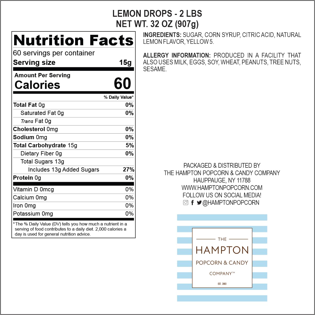 The Hampton Popcorn Company Claeys Sanded Lemon Drops Hard Sour Candy 2 Pound Bulk Bag