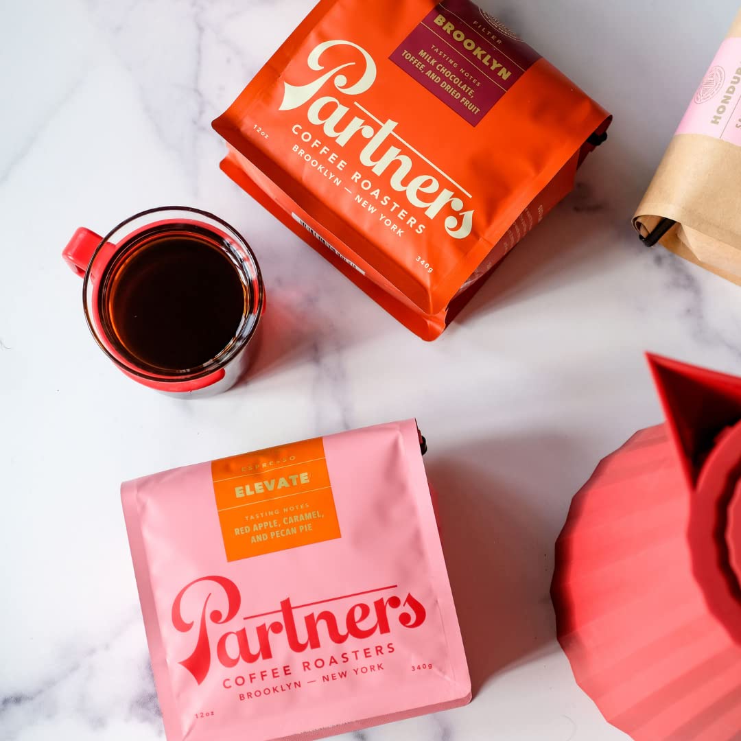 PARTNERS COFFEE ROASTERS - Whole Bean Coffee (Elevate - Espresso, Medium Roast) 12oz - Well-Balanced, Comfortable Espresso - Red