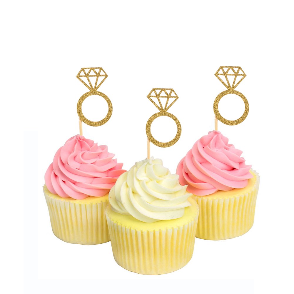 50 Pack Cupcake Toppers Gold Glitter Mini Diamond Ring Cakes Toppers For Marriage Engagement Anniversary Birthday Valentines Party Cake Decor
