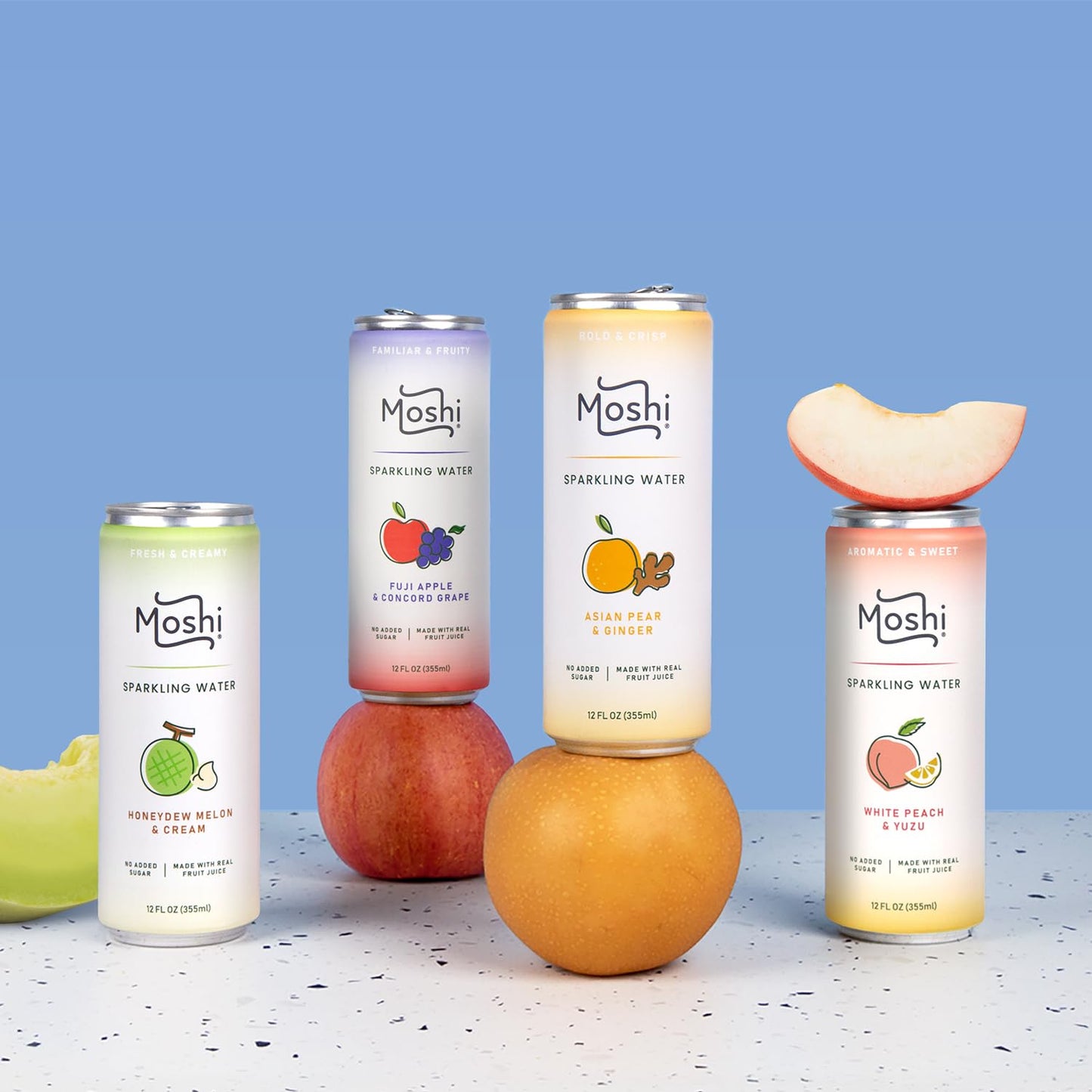 Moshi Sparkling Water - Asian Pear & Ginger - Carbonated Drink with Real Fruit Juice - Low Calorie - 12 Pack