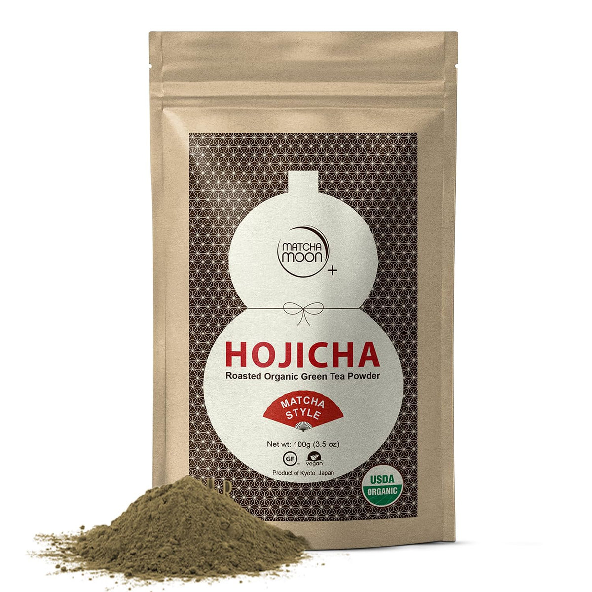 Matcha Moon Hojicha Powder Organic - Roasted Matcha Green Tea - Japanese Oriflavor Blend - Unsweetened Low Energy Blend - Uji Kyoto Japan - 100G Resealable Bag