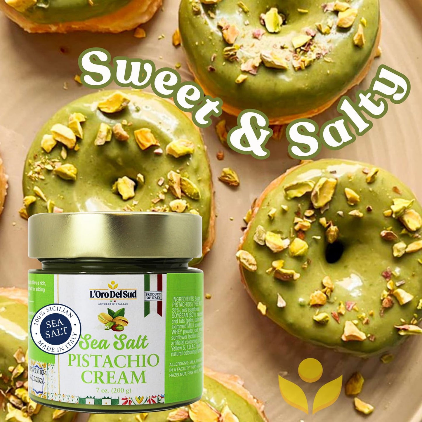 Pistachio Cream with Sea Salt, Sicilian Sweet & Salty Pistachio Spread, 7 oz (200g), Sweet Pistachio Butter, Product of Italy, L