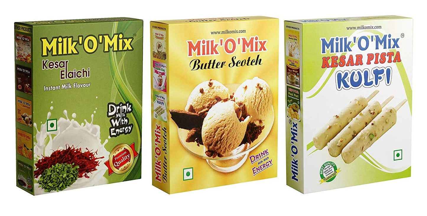 Milkomix Kesar Elaichi, Butter Scotch & Kesar Kulfi Flavored Milk Powder Pack of 3