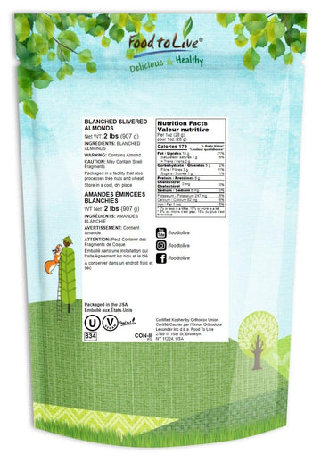 Food To Live - Blanched Slivered Almonds, 2 Pounds Chopped Raw Blanched Almonds, Unsalted, Vegan, Keto, Kosher, Bulk. High In Protein, Vitamin E, Riboflavin. Great For Cooking, Baking, Salads.