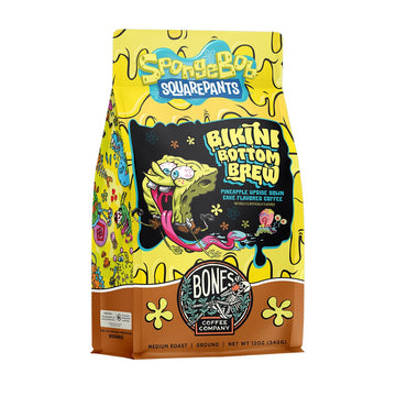 Bones Coffee Company Bikini Bottom Brew Whole Coffee Beans Beans Pineapple Upside Down Cake Flavor, Low Acid Flavored Coffee Made With Arabica Beans, Medium Roast Coffee Inspired By Spongebob (12 Oz)