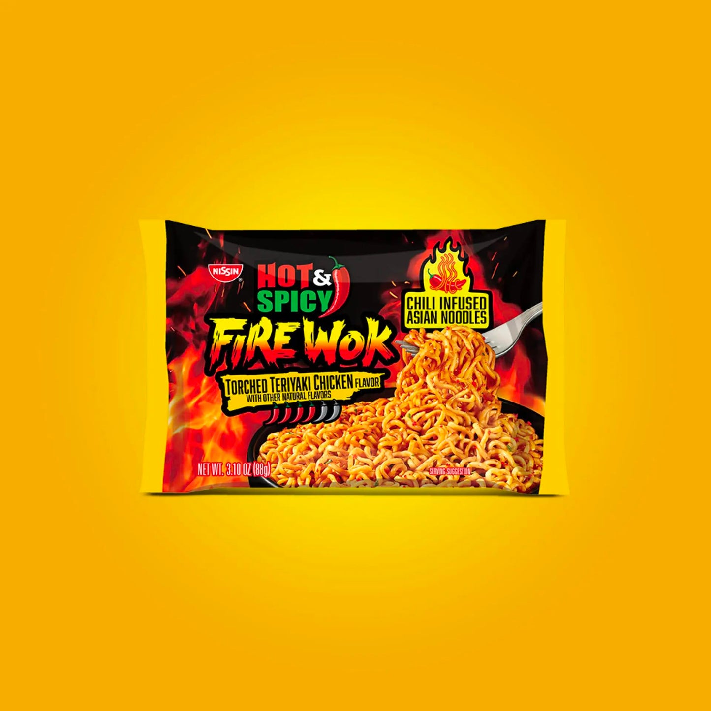 Nissin Fire Wok, Torched Teriyaki Chicken, Hot & Spicy Chile Infused Asian Noodles, Pack of 12