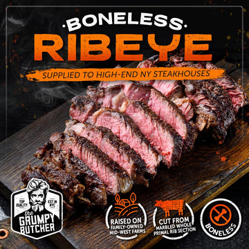 Den's Hot Dogs Grumpy Butcher Beef Ribeye Steaks - Prime Quality, 14 oz Each, 16 Pack, Ideal for Bulk Meat Delivery