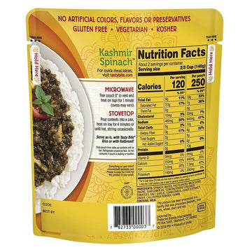 Tasty Bite Kashmir Spinach, Ready to Eat, 10 Ounce, Pack of 6, Microwavable Entr e in Light Curry Sauce, Vegetarian (Packaging