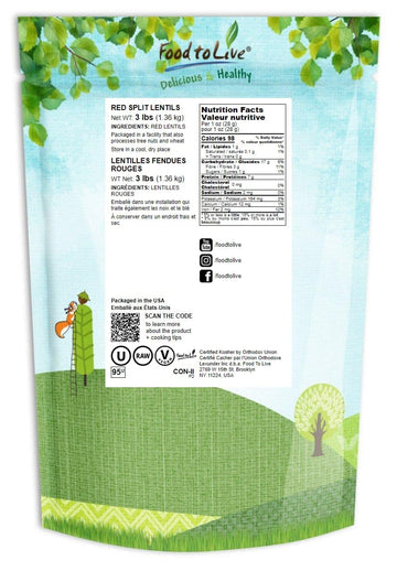 Food To Live Red Split Lentils, 3 Pounds – Masoor Dal, Dried, Vegan, Kosher, Bulk. Easy To Cook. No Soaking Required. Good Source Of Dietary Fiber, Vitamin B, Protein.