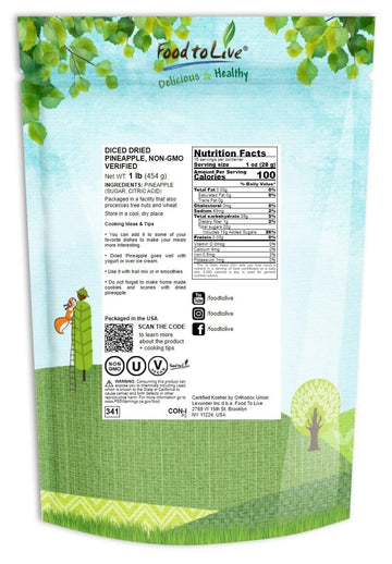 Food To Live Dried Diced Pineapple, 1 Pound Raw, Vegan, Sweetened, Unsulfured, Bulk, Great For Culinary Use And Baking