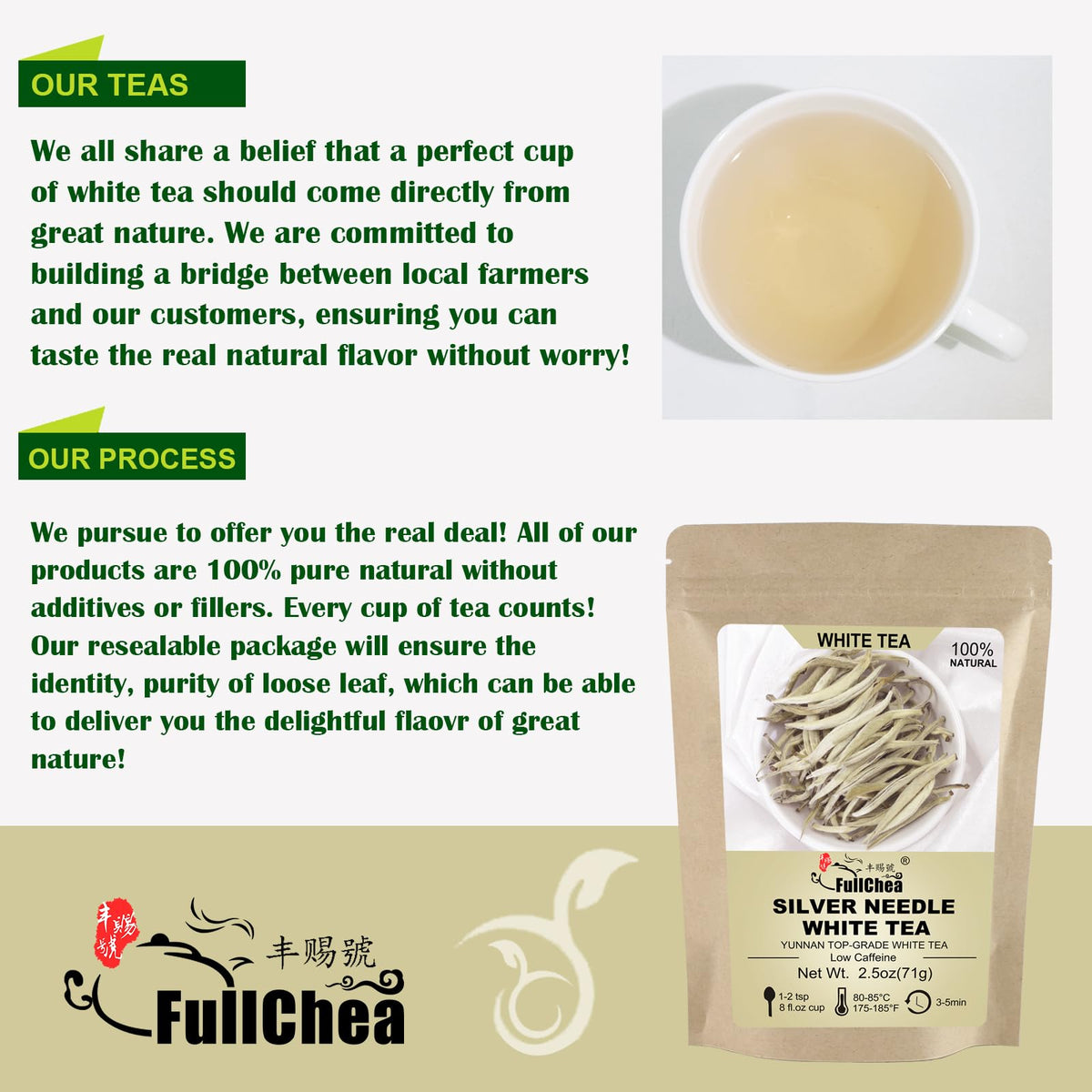 FullChea White Tea Loose Leaf - Yunnan Silver Needle - 2.5oz - Low Caffeine - Refreshing Woody Aroma