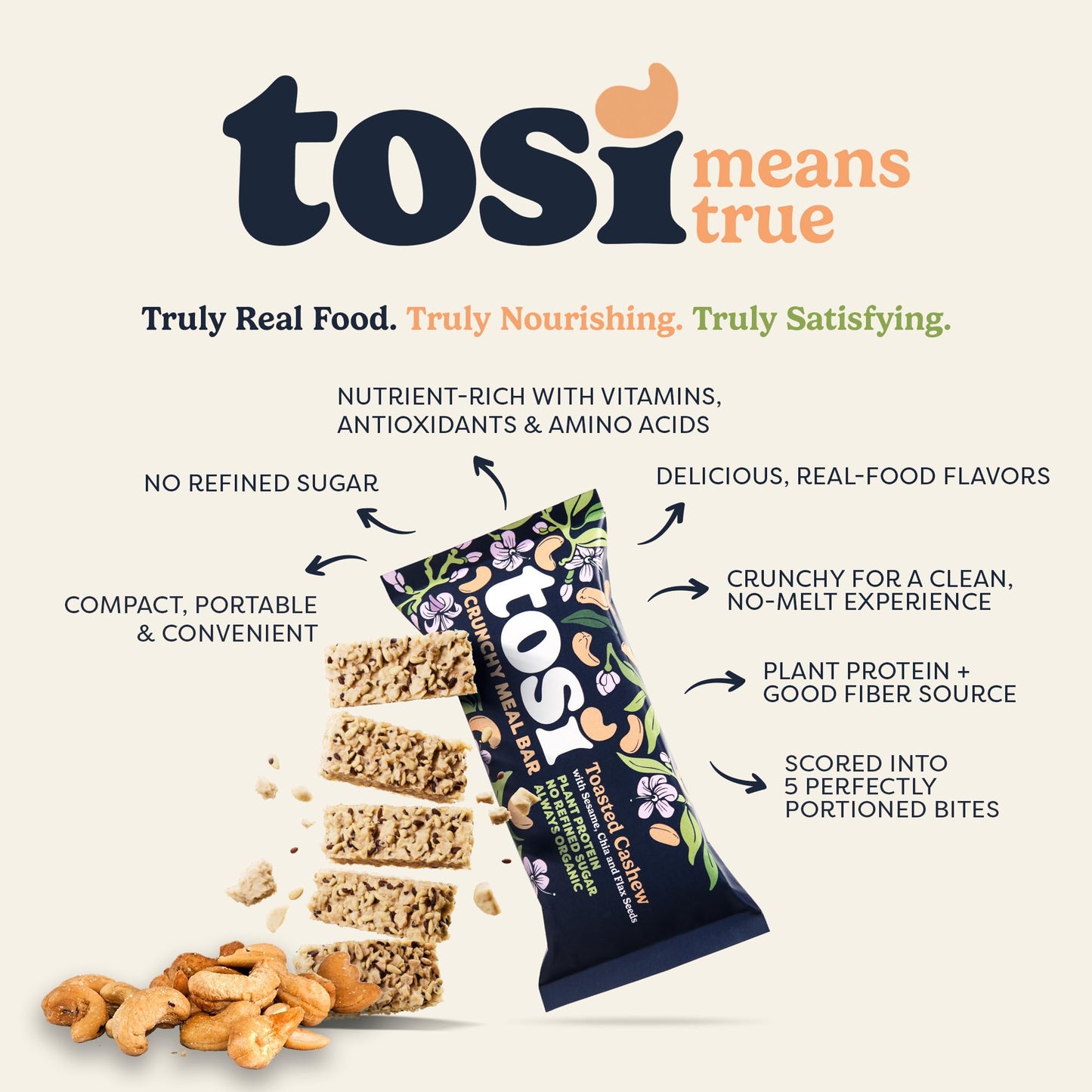 Tosi Meal Bars - Toasted Cashew, Crunchy Nut & Seed Vegan Snack Bars, 14g Plant Based Protein, Organic, Dairy, Soy & Gluten Free