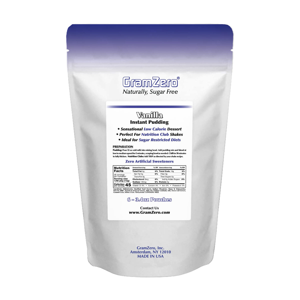 Gramzero Vanilla Sugar Free Pudding Mix 6-Pack, Great For Nutrition Club Meal Replacement Shakes, Low Calorie Dessert, Stevia Sw