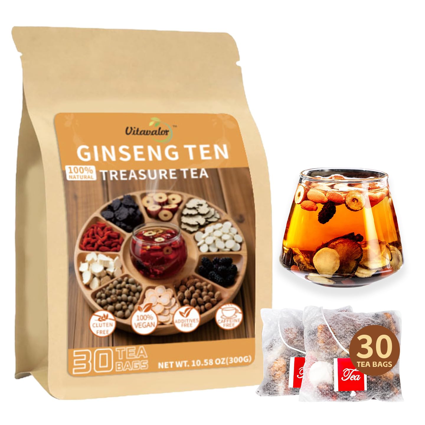 Vitavalor Chinese Traditional Kidney Care Herbal Tea Flavor Blendseng Ten Treasures Tea Natural Kidney Cleanse Detox Tea For Men & Women Formula With 10 Priceless Ingredients 30 Tea Bags