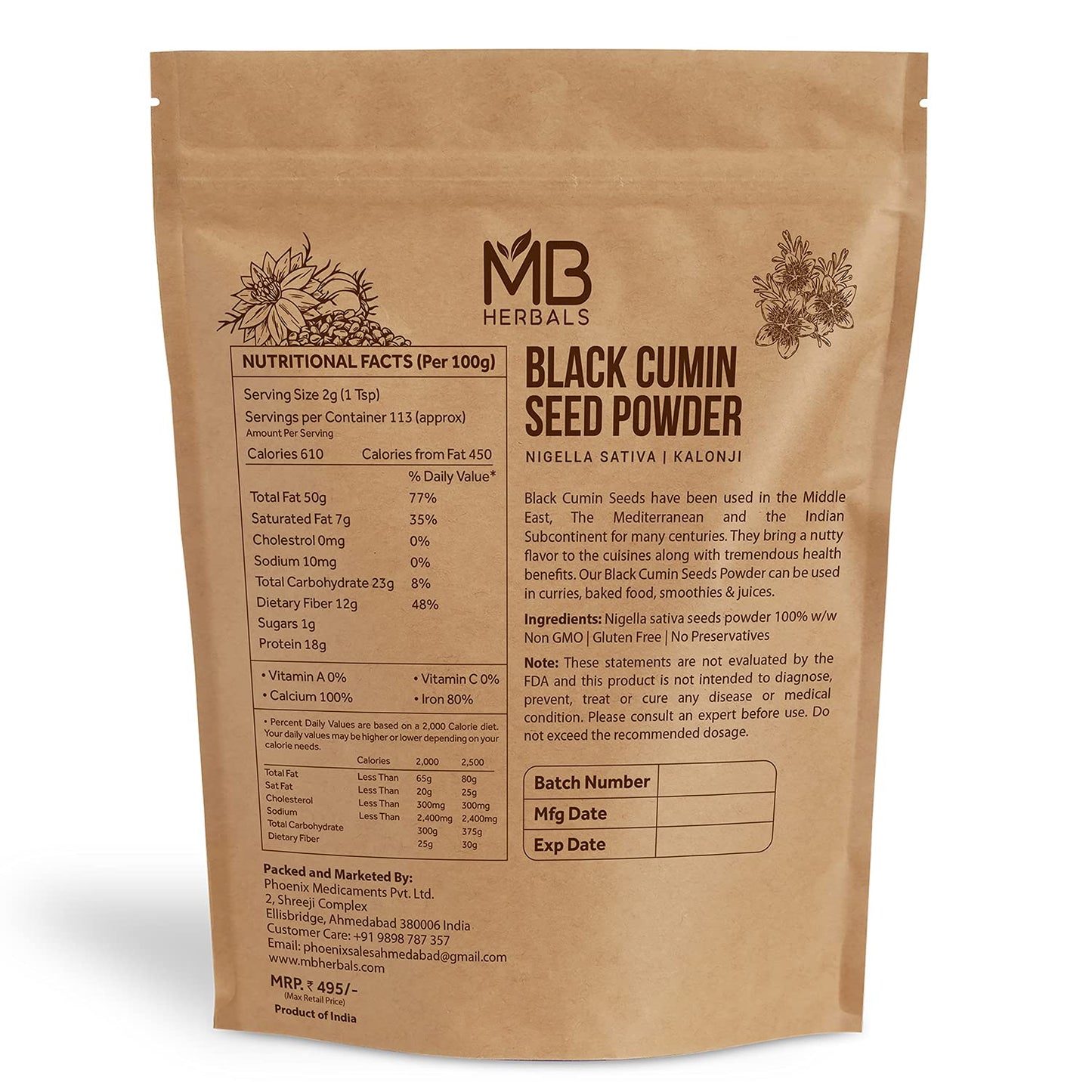 MB Herbals Black Cumin Seed Powder 1 LB (454 Gram / 16 oz) | Nigella sativa Powder | Kalonji Seeds Powder | Black Seeds Powder |