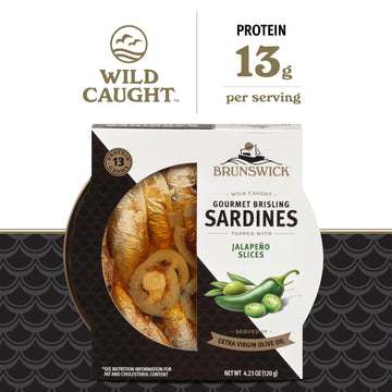 Brunswick Gourmet Brisling Sardines in Olive Oil with Jalapeño, 4.23 oz - Wild Caught, 13g Protein, Gluten Free, Keto Friendly