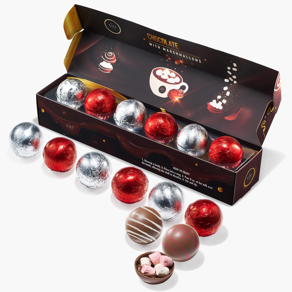 Hot Chocolate Bom Marshmallow Balls - Set Of 6-2 Flavors White & Red Swirl Design Caramel & Fudge Brownie Candy Chocolates - Delicious Cocoa Melts Filled Marshmallows - Gift Melting Delicious Gifts