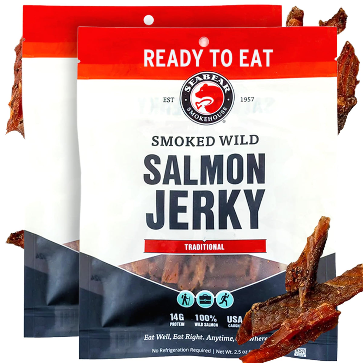 Seabear Traditional Wild King Salmon Jerky 2-Pack Rich Flavor Salmon Jerky Wild-Caught Alaskan Salmon High-Protein Snack Cold Rich Flavor & Ready To Eat Classic Smokehouse Flavor 2.5 Oz Bag (Pack Of 2)