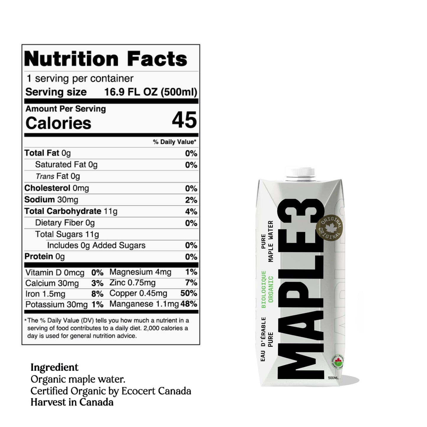 Maple 3 Organic Maple Water, 100% Natural Hydratation, Straight from a Tree, 1 Ingredient (Maple Sap), 46 Essential Bioactive Co