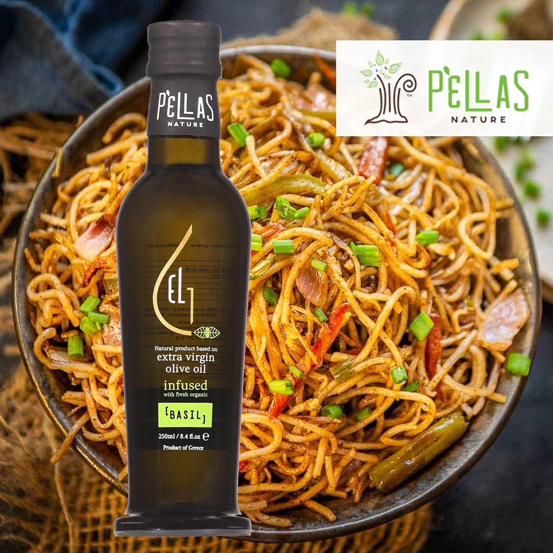 Pellas Nature, Organic Basil Infused Greek Extra Virgin Olive Oil, Finishing Olive Oil, Gold Award Winner, Kosher, 8.5 Oz. (250
