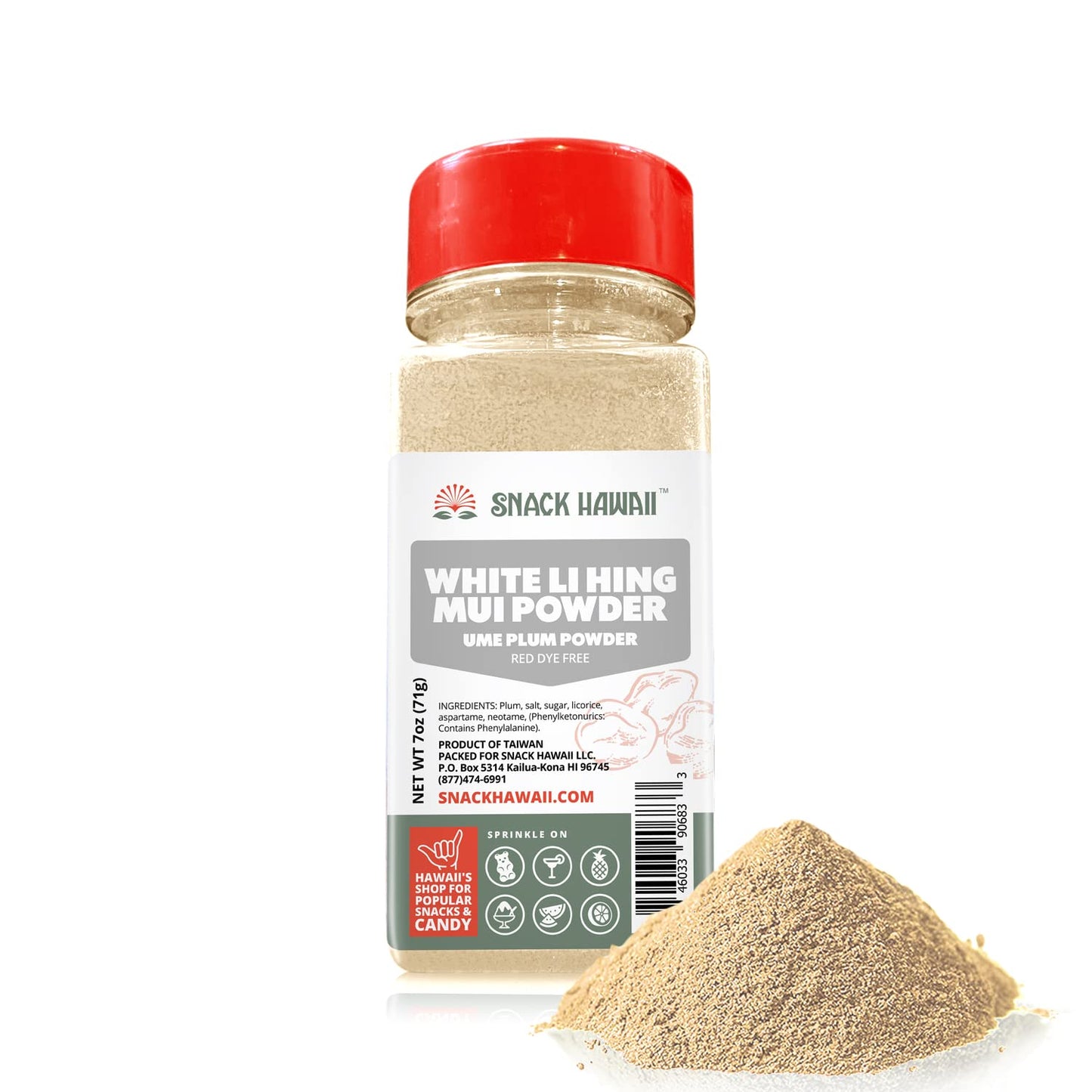 Authentic White Li Hing Mui Powder - Sweet Sour & Salty Dried Plum Powder Red Dye-Free Mess-Free Shaker Bottle - Ideal For Fruit Candy Shave Ice & Mixed Flavors - 7Oz